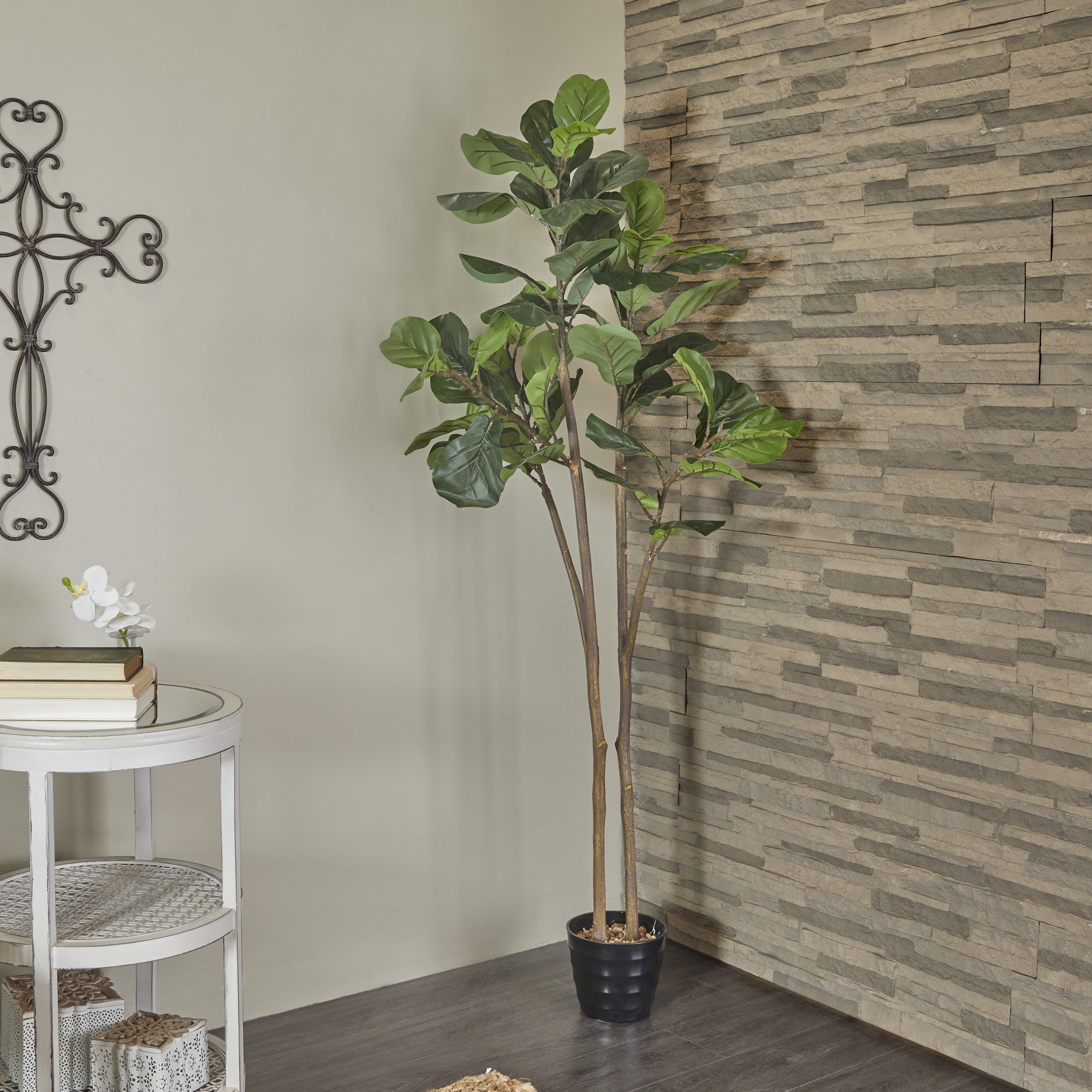 DecMode 70" Artificial Fiddle Leaf Tree in Realistic Leaves and Black Melamine Pot