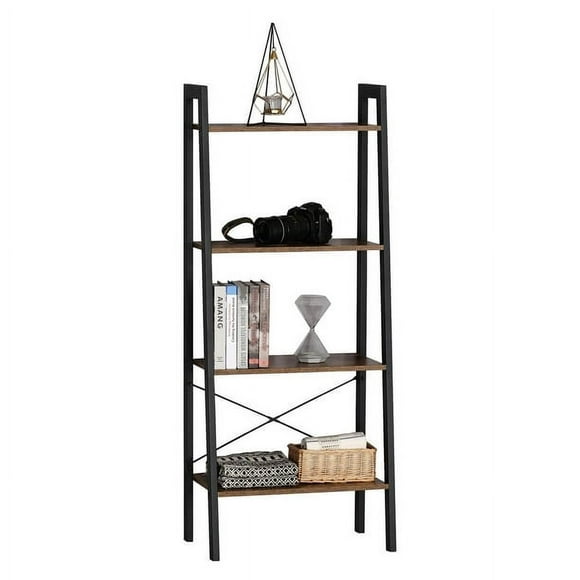 4-Tier Wood Ladder Shelf for Books and Plants, Bookshelf Bookcase Display Corner Storage Shelf with Steel Frame