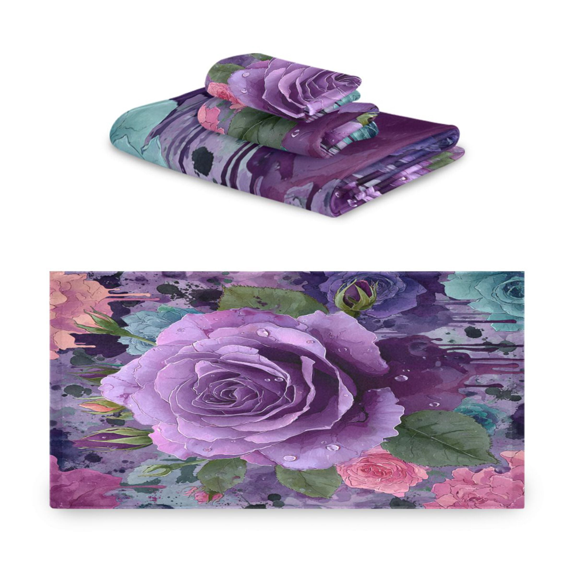 3 Sizes of Towel Sets Including Bath Towel Hand Towel and Washcloth for Daily Use Purple Rose Gradient Painting