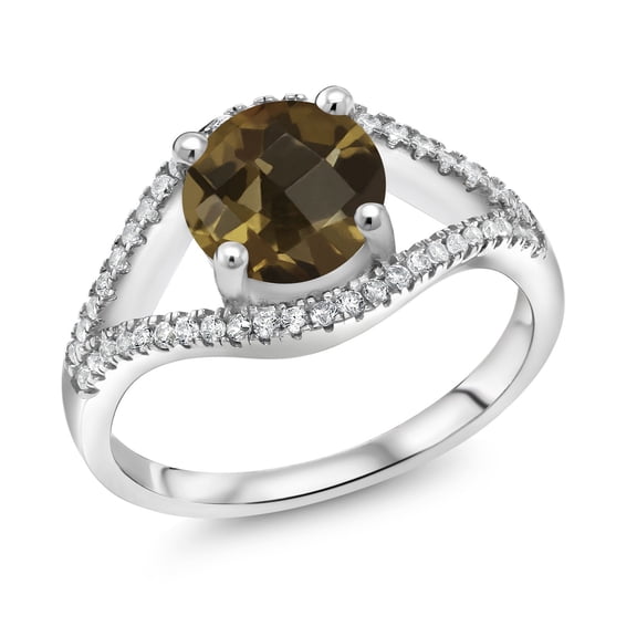 Gem Stone King 2.30 Ct Round Checkerboard Brown Smoky Quartz 925 Sterling Silver Ring (Size 8)