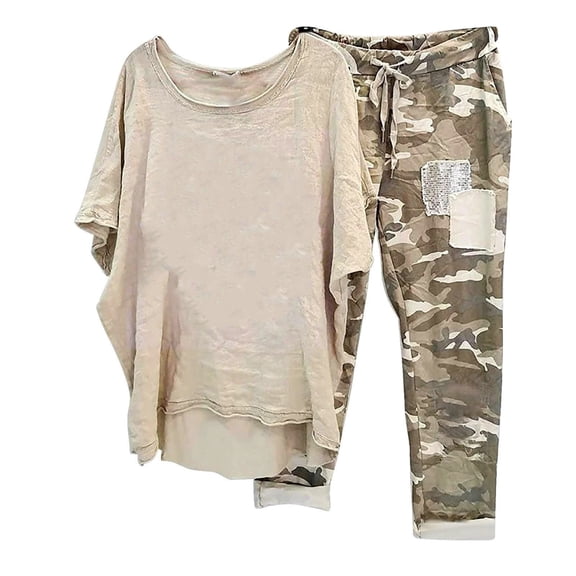 Kezqiaxn Casual Outfits for Women Crew Neck Tops and Drawstring Pants with Pockets Summer Sets Plus Size Fashion
