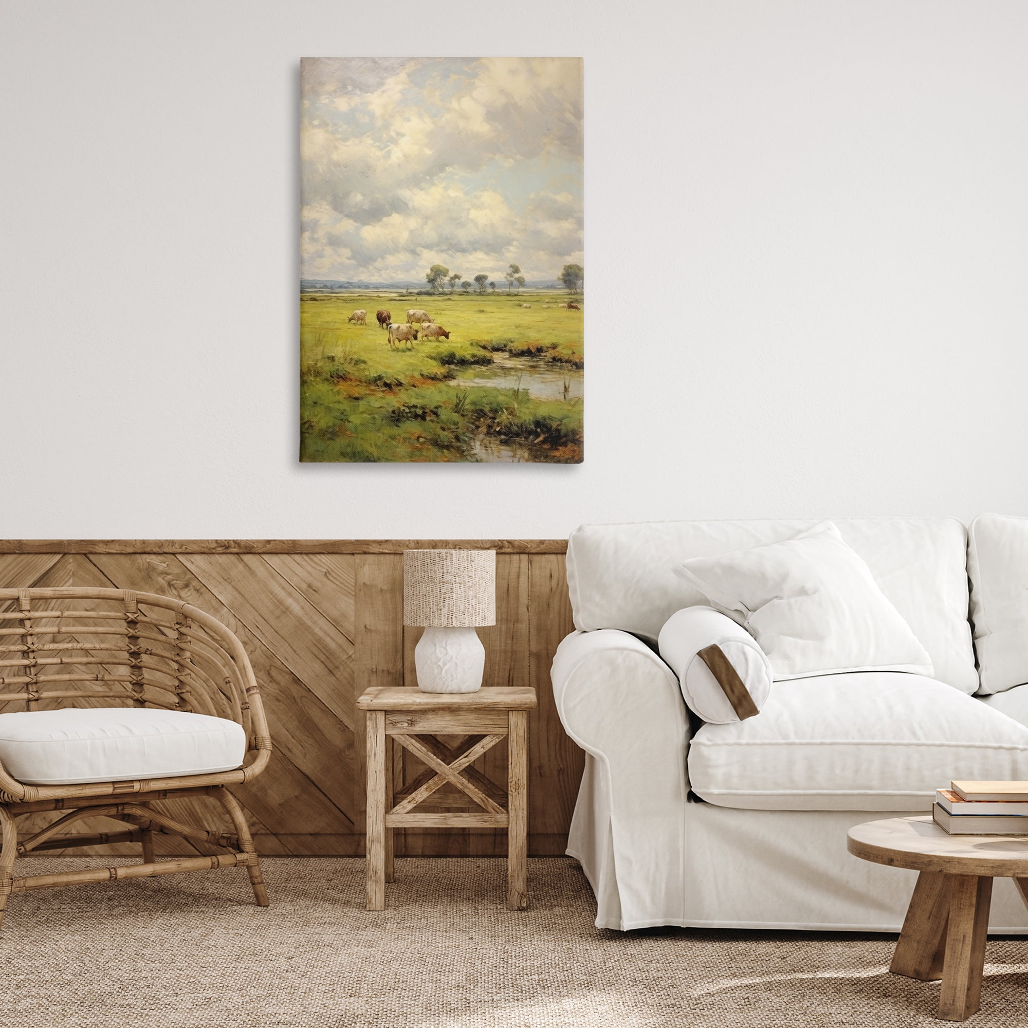 Stupell Industries Grazing Cows Countryside Landscape Painting Gallery Wrapped Canvas Art Print Wall Art, 24 x 36