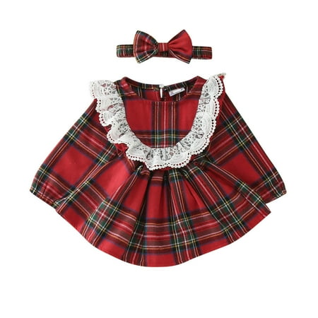 

Toddler Kids Girls Romper Fall Winter Xmas Christmas Long Sleeve Plaid Lace Romper Bodysuit With Headbands Novelty Party Holiday Bodysuits For Child