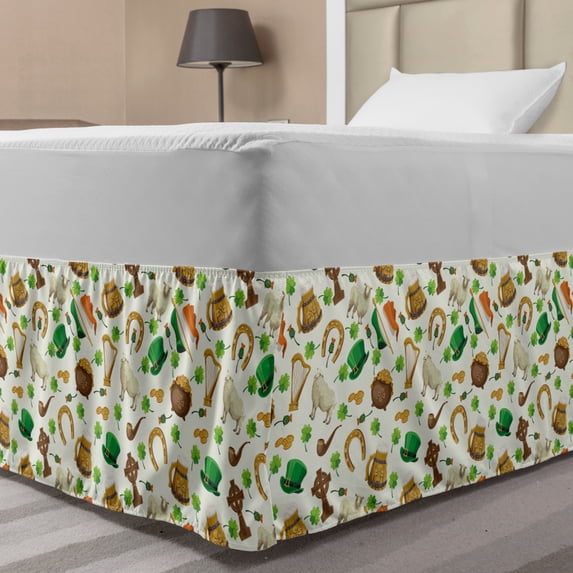 Clover Bed Skirt, Irish Culture Themed Pattern Beer Horse Shoe Coin Pot Leprechaun Hat, Elastic Bedskirt Dust Ruffle Wrap Around for Bedding Decor, 4 Sizes, Ivory Multicolor, by Ambesonne