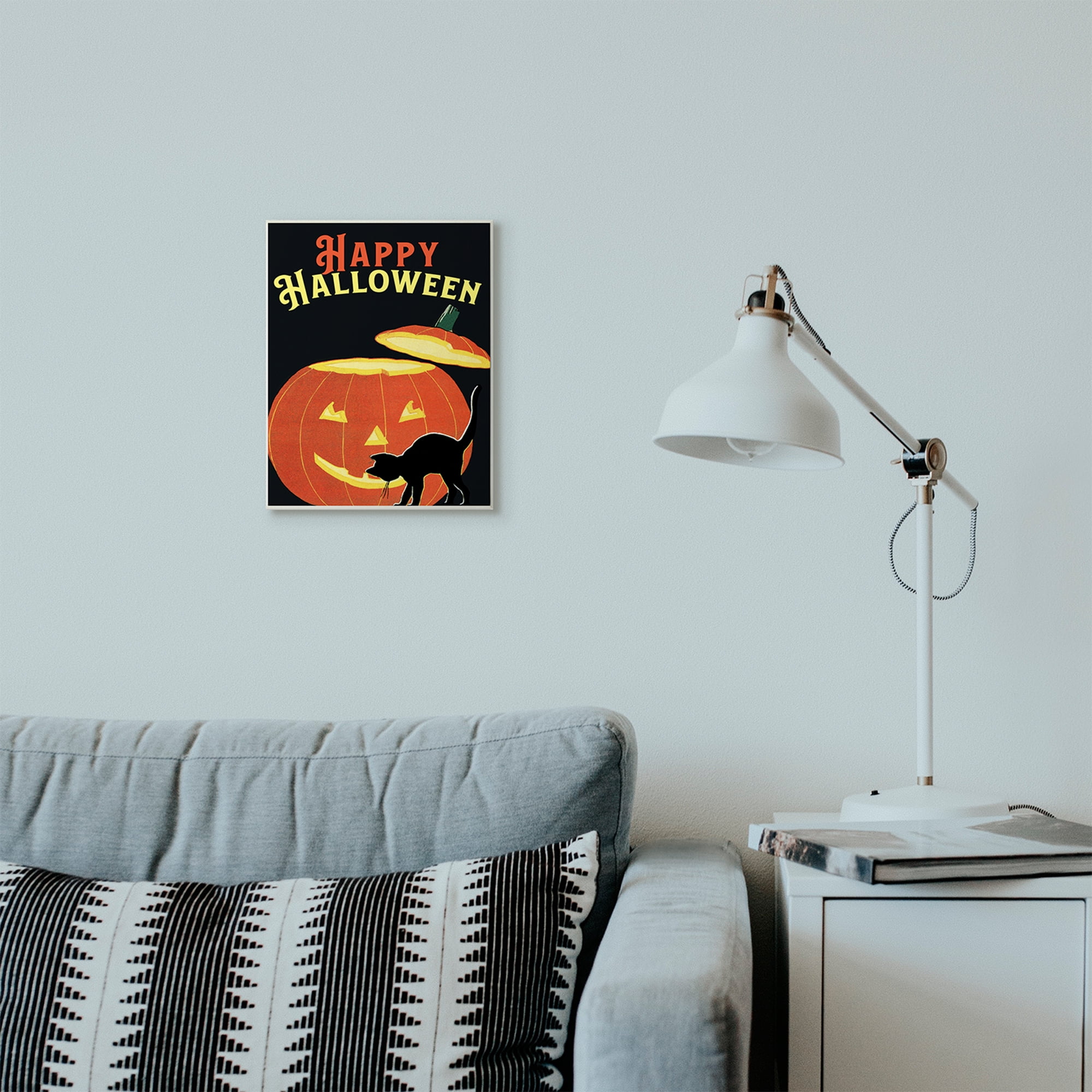 Stupell Industries Happy Halloween Pumpkin Cat Black Orange Word Design Wall Plaque by The Saturday Evening Post, 10" x 15", Wall Plaque
