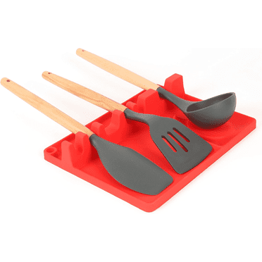 Ksendalo Large Silicone Spoon Rest with Drip Pad and Utensil Holder,  Utensils Rest Holder, Red