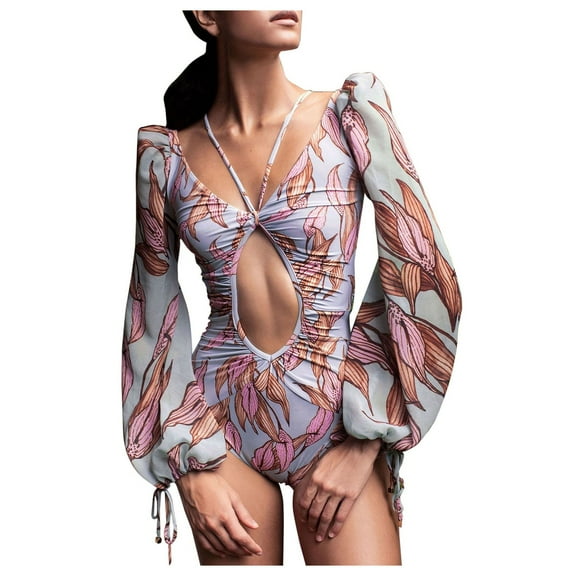 QLEICOM Womens Swimsuits Tummy Control Plus Size Swimsuit Coverup Gathered One-Piece Printed Long-Sleeved Hollow Lantern Sleeve Swimsuit Pink L