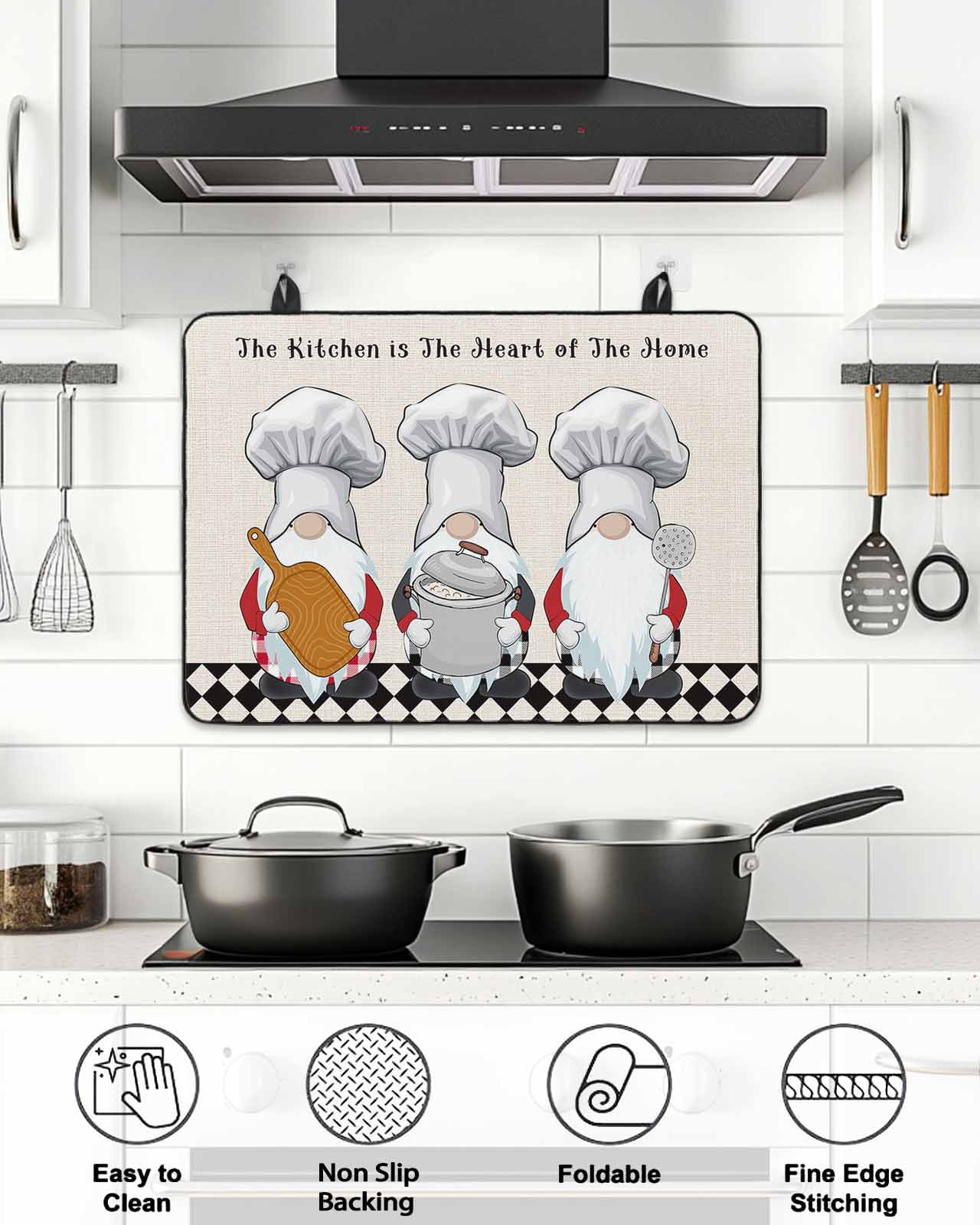 The Chef Stove Top Covers for Electric Stove, 28'x20'' Gnome Kitchen Linen Black Buffalo Plaid Glass Ceramic Stove Cover Foldable Rubber Mat Heat Resistant Cooktop Protector for Kitchen