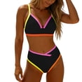 thumbnail image 2 of UTSJKR Women's V Neck Colorblock Tie Back Bikini Swimsuit, Padded Wireless 2 Piece Bathing Suit for Summer Vacation Beach Wear Black XXL, 2 of 8