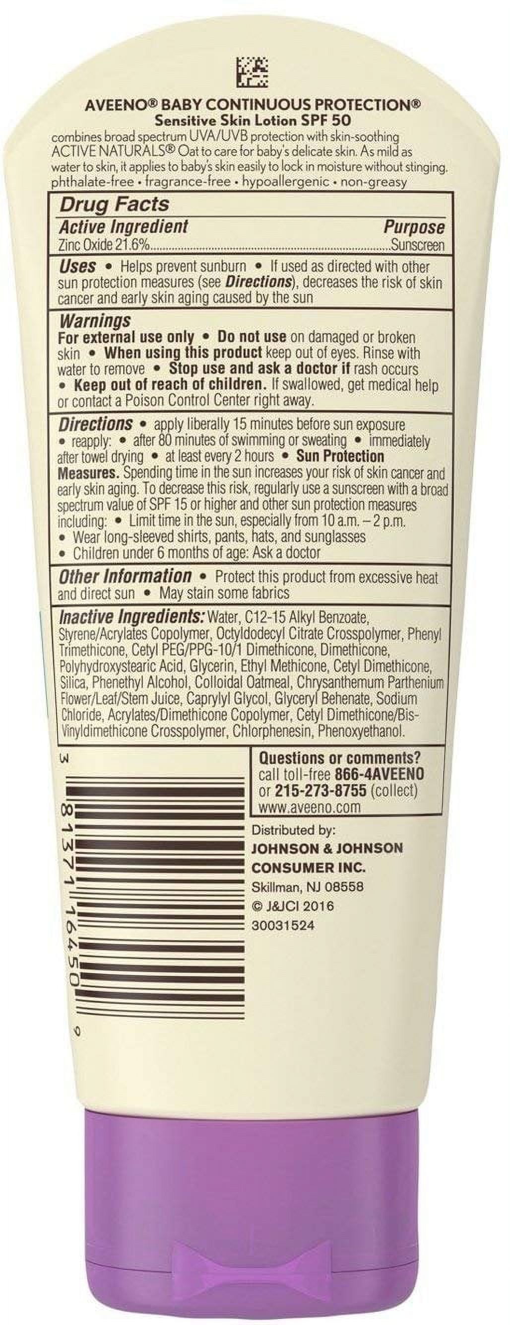 AVEENO Baby Continuous Protection Sensitive Skin Lotion Zinc Oxide Sunscreen SPF 50 3 oz (Pack of 2)