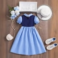 thumbnail image 4 of CUZIBR Girls Summer Dress Casual Solid Color Short Puff Sleeves Polo Collar Button Down High Waist Tiered A-Line Patchwork Ruffles Trim School Uniform Loose Fit Sundress Prom Dresses,Blue,1-2 Years, 4 of 6