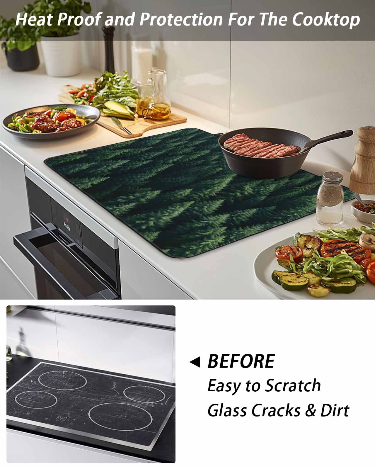 Stove Top Covers for Electric Stove, Green Forest Glass Stovetop Cover Protector, Modern Pine Trees Mysterious Art Induction Cooktop Protector Oven Mat for Kitchen Countertop 24"x21"