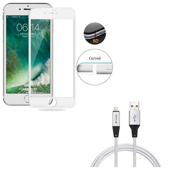 iPhone 8/7/6S/6 - Tempered Glass Screen Protector w Charger Cord 10ft USB Cable - 5D Touch Curved Edge Full Cover Bubble Free Case Friendly, Power Wire Braided Long Sync for iPhone 8/7/6S/6