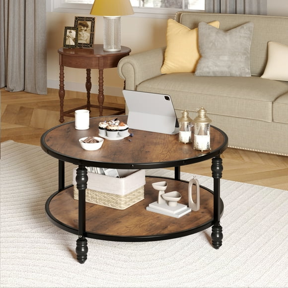 Round Coffee Table Living Room 34.25in Rustic Circle Center Table with Storage Shelf 2-Tier Modern Wood Coffee Table, Easy Assembly(Brown)