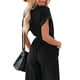 thumbnail image 4 of VISgogo Mono recortado para mujer, manga corta, cuello en V, cierre de botón, lazo en la cintura, pantalones sólidos con bolsillos VISgogo moda, 4 of 9