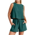 thumbnail image 2 of Womens Summer 2 Piece Outfit Solid Casual Cotton Linen Suits Loose Crew Neck Sleeveless Tops Drawstring Elastic Waist Shorts Pockets(XL,Green), 2 of 6