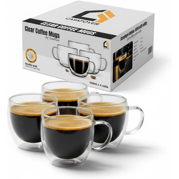 Double Walled Coffee Cups Glasses Mugs 9oz Set of 4 | Heat Resistant Borosilicate Clear Glass Espresso Latte Cappuccino Tea Cups with Handle | Insulated Glass Coffee Mugs Ideal for Gifting
