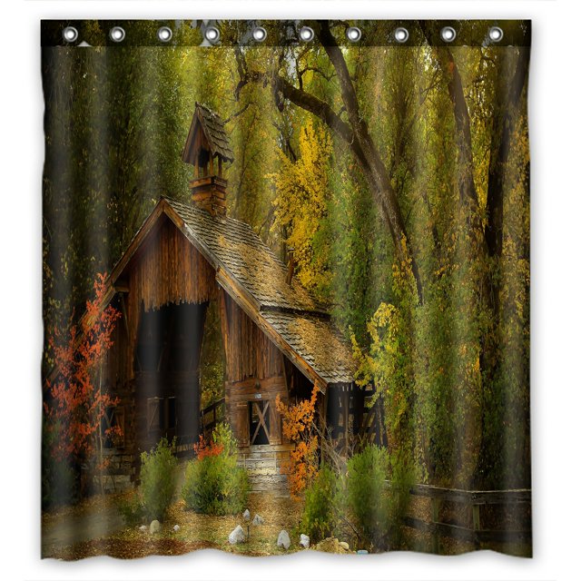 ABPHQTO Casa en el bosque Cortina de ducha de poliéster impermeable y ganchos 160x180 cm