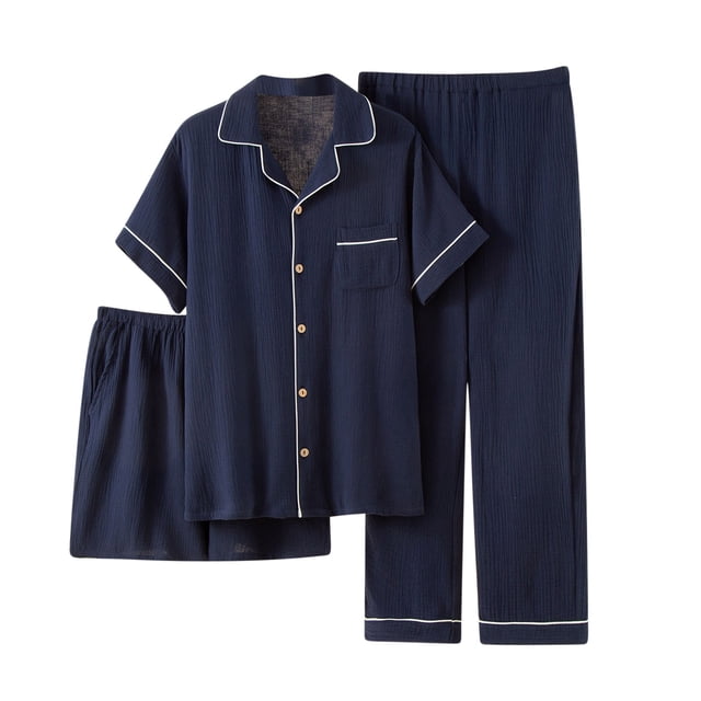 Pijama de verano para hombre, pantalones cortos finos de manga corta, conjunto de 3 piezas, ropa de casa de gasa de color sólido, conjunto de pijama transpirable para hombre, conjunto de pijama para h