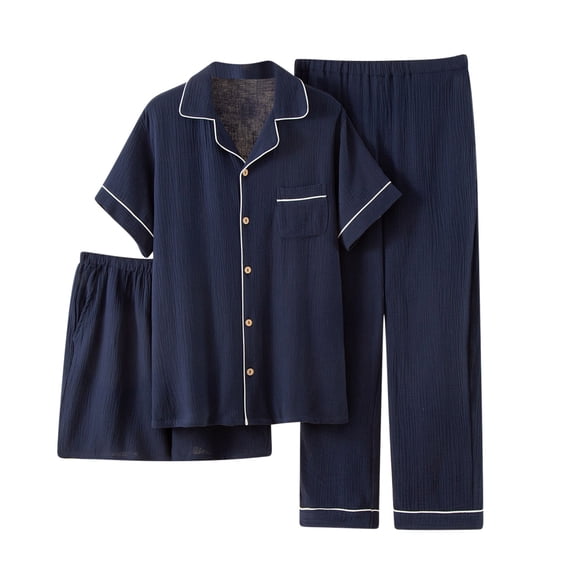 Timegard Mens Pajamas Sets 3 Piece Button down Shirts with Shorts and Pants Thin Loose Summer Pjs Outfits