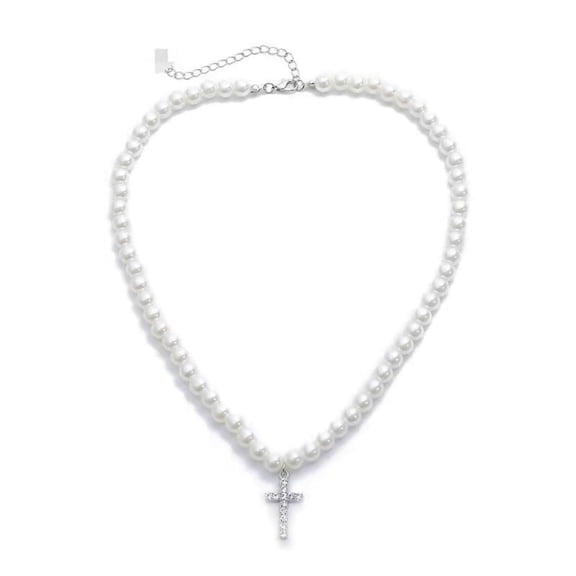 Milue Wedding White Pearl Necklace Vintage Artificial for Cross Pendant Neckla