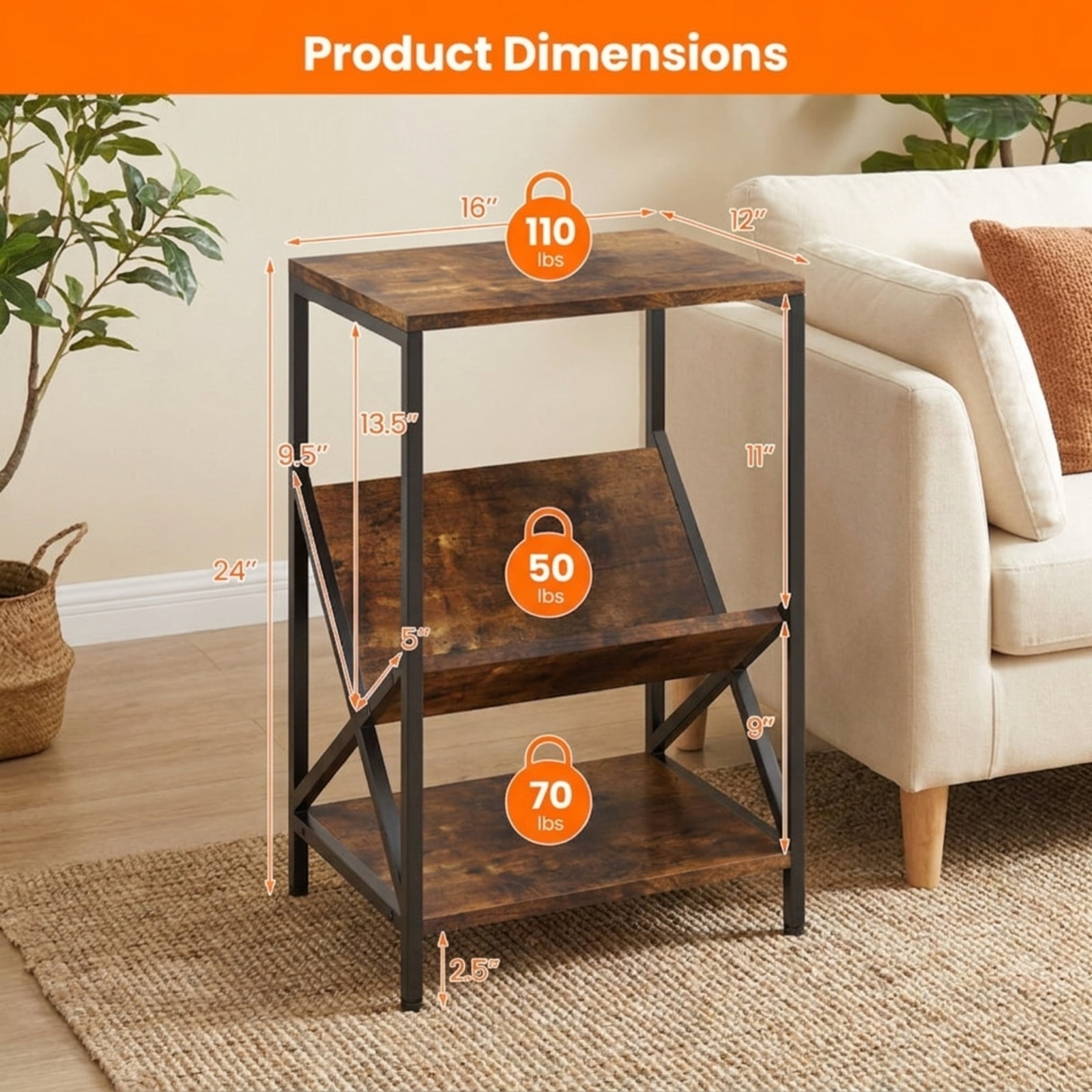 Furnibear 3-Tier Industrial Side Table with V-shaped Bookshelf for Living Room for Living Room Bedroom Sofa Side Nightstand Small Spaces, Rustic Brown