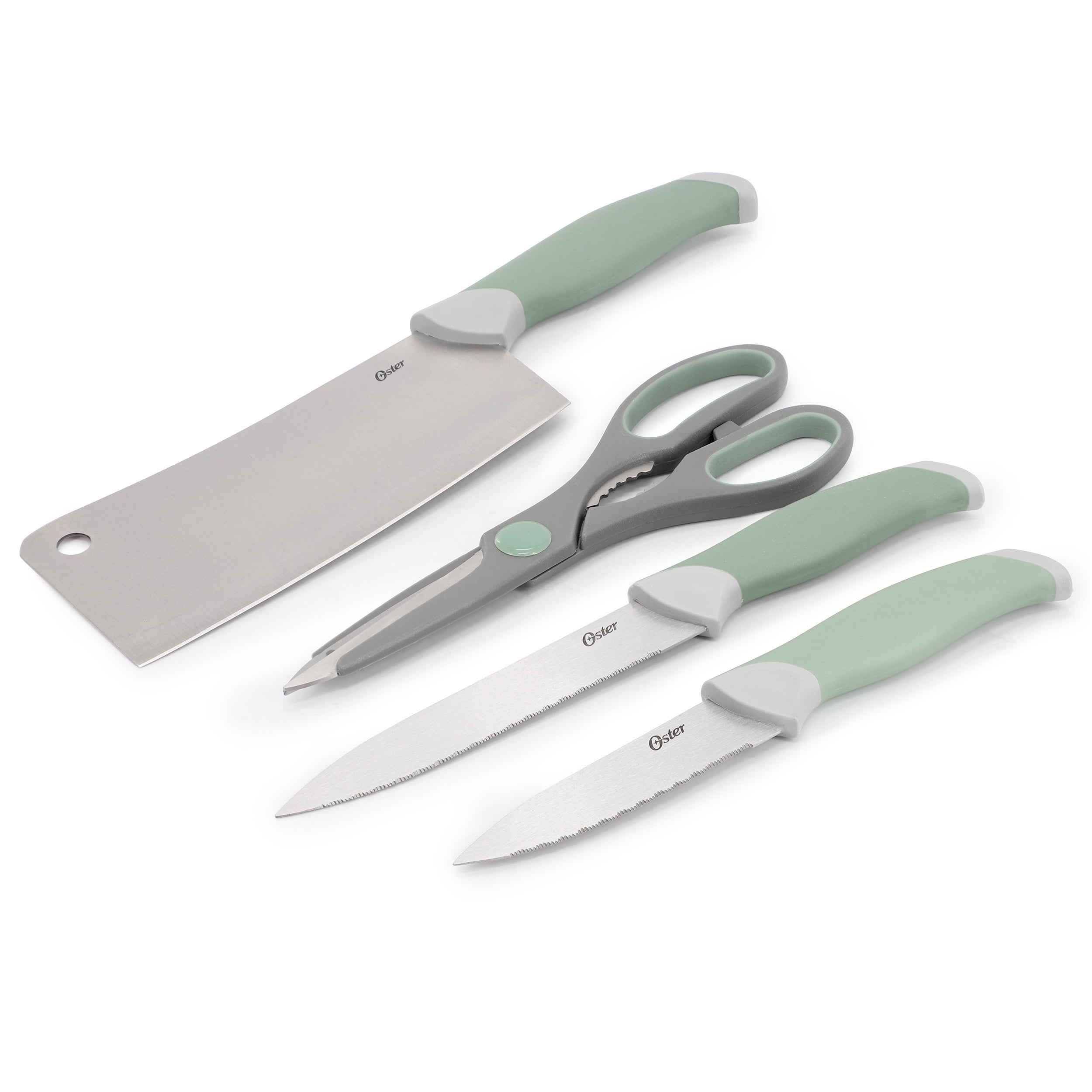 Oster Linbergh 14 Piece Stainless Steel Cutlery and Cutting Board Set in Green with Soft-Grip Handles