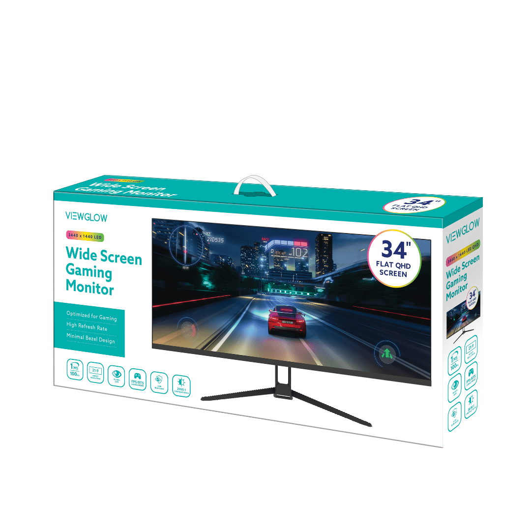 ViewGlow 34" Gaming Monitor, 3440x1440 LED, 1ms Response Time, 100Hz Refresh Rate, Computer Monitor Flat