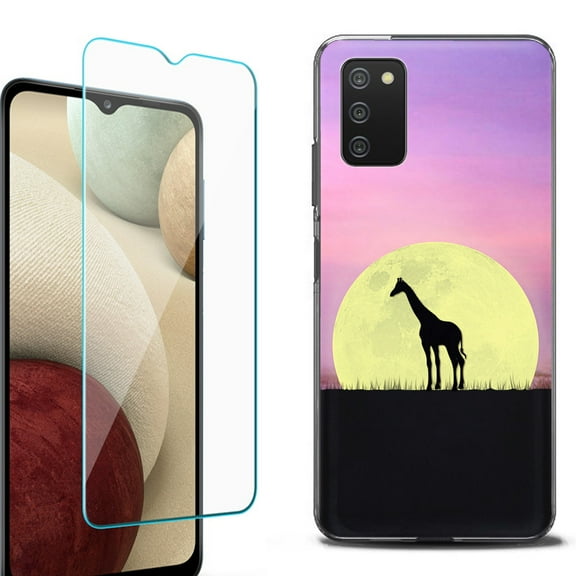 Slim-Fit Protective Fashion Phone Case (Black) for Samsung Galaxy A03s, with Tempered Glass Screen Protector, by OneToughShield ® - Moonlight Giraffe