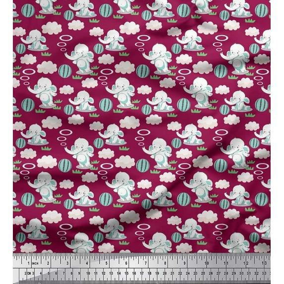 Soimoi Cotton Cambric Fabric Cloud,Ball & Elephant Kids Print Fabric by Yard 56 Inch Wide