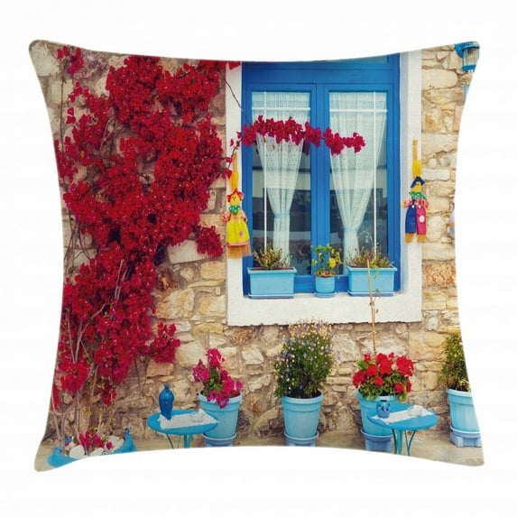 Coastal Decor Throw Pillow Cushion Cover, Italian Decor Mediterranean House with Greek Windows, Decorative Square Accent Pillow Case, 16 X 16 Inches, Light Brown White and Navy Blue, by Ambesonne