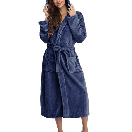 IDALL Robes for Women Nightgowns for Women Robe Fleece Bathrobe Lightweight Flannel Sleepwear Hooded Bathrobe Plush Long Robe Pajamas Women s Lingerie  Sleep & Lounge Navy M