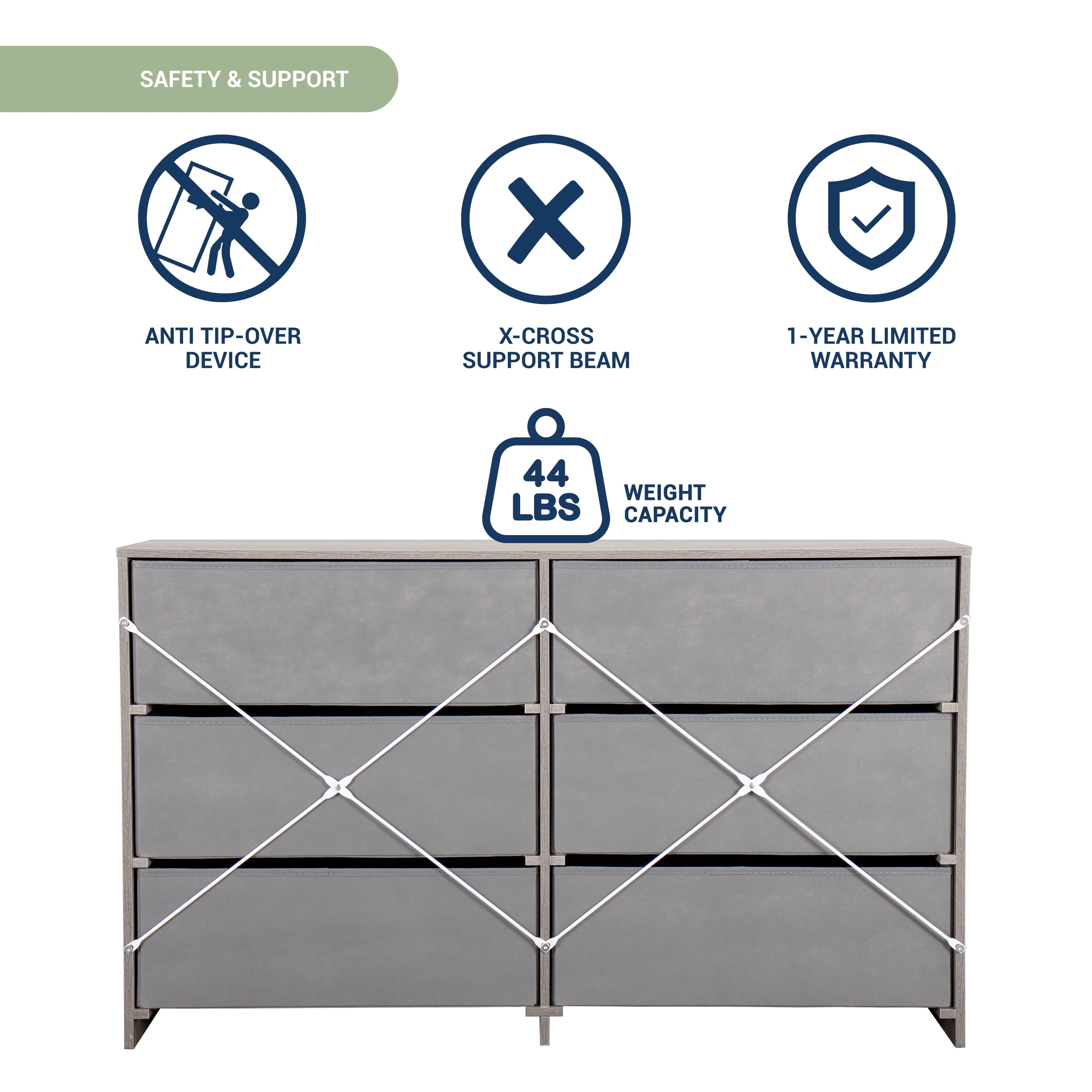 6-Drawer Dresser with Extra Large Fabric Bins, Wood Frame Storage Organizer for Bedroom, Living Room, or Hallway, Versatile Design Doubles as a TV Stand, Ideal for Home Organization, Grey
