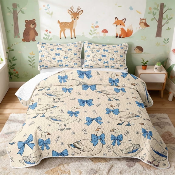 Erosebridal Goose Twin Quilt Set for Girls, Blue Bows Twin Coverlet Set, 2 Pieces 1 Bedspread and 1 Pillowcase