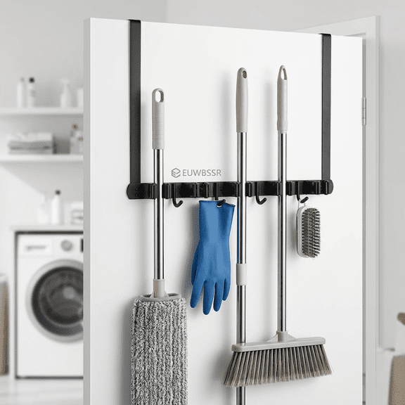 EUWBSSR Mop and Broom Holder Wall Mount Over The Door Broom Holder with 2 Over Door Hooks Stainless Steel Mop Holder Utility Broom Gripper Drilling Free Mop Hanger for Home Bathroom
