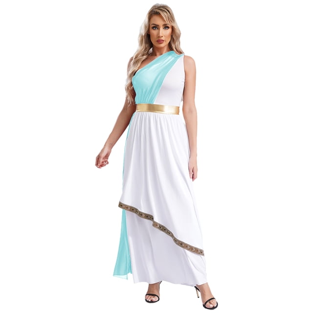 Alvivi Robe Toga en Chiffon à une Épaule pour Femmes, Mythos Athena Rome, Robe de Noblesse Bleu Clair TTG