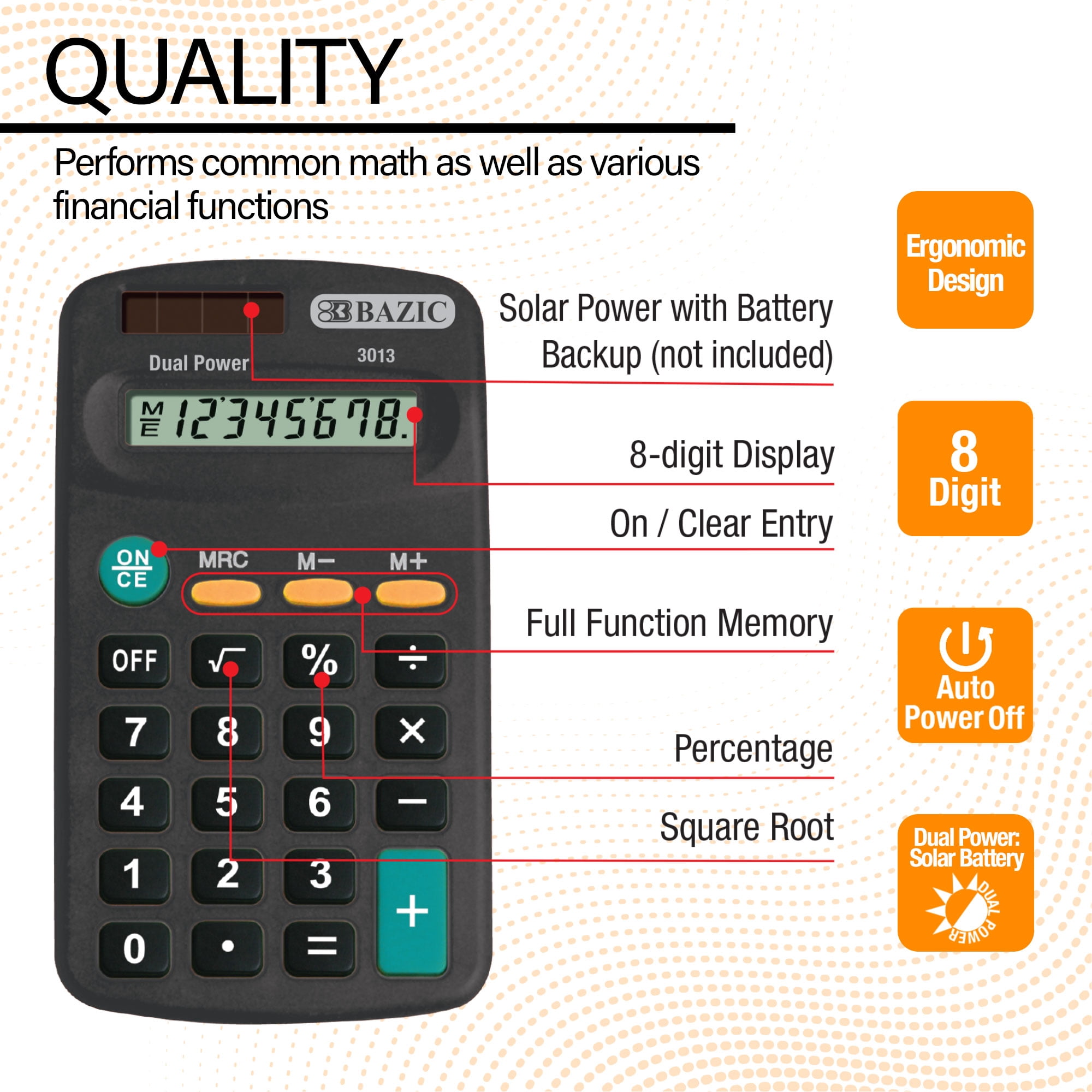 BAZIC 8-Digit Dual Power Calculator Pocket Size, Solar Powered & Battery, Black Color, 288-Packs