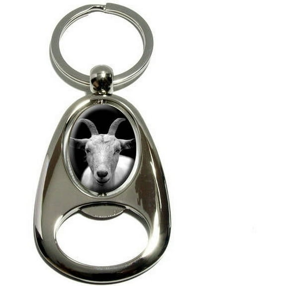 Goat Head, Black and White, Chrome Plated Metal Spinning Oval Design Bottle Opener Keychain Key Ring