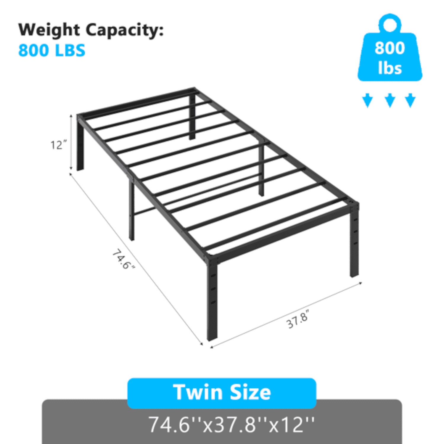 Alvantor Twin Size Simple Basic Platform Metal Bed Frame - 12 Inch Bed Height,Black