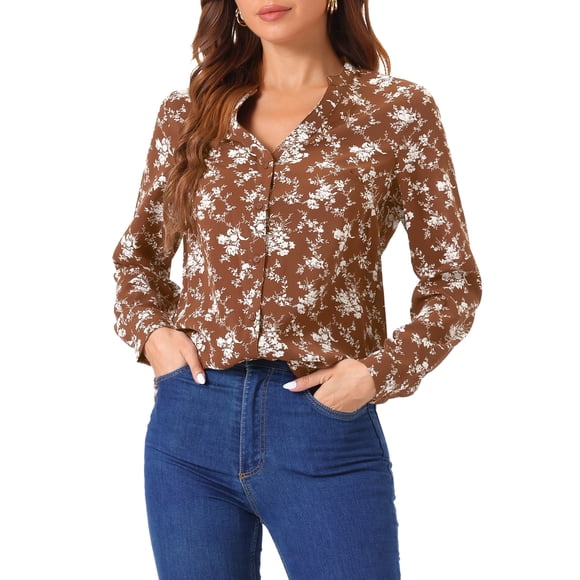 Blusa floral de manga larga con cuello en V y botones para mujer INSPIRE CHIC M marrón