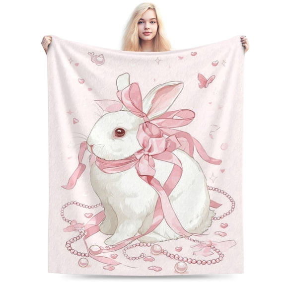 Coquette Bunny Throw Blanket, Pink Bows & Pearl-Inspired Design, Soft Lightweight Decorative Blanket for Sofa, Bed & Home 50x40