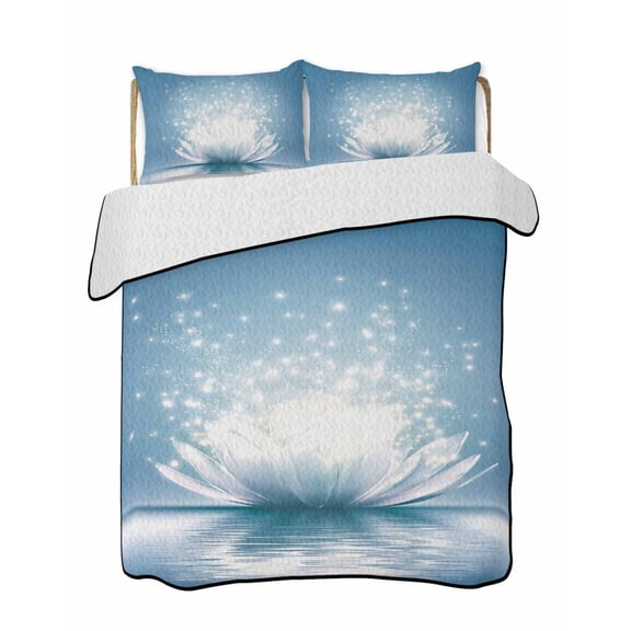 Lotus Flower Quilts Bedding Set California King Zen Spiritual Meditation Blue Lotus Floral Bloom in Blue Lake Quilted Bedspread 3 Piece Bed Quilt with 2 Pillow Shams for Bedroom 96" x 106"