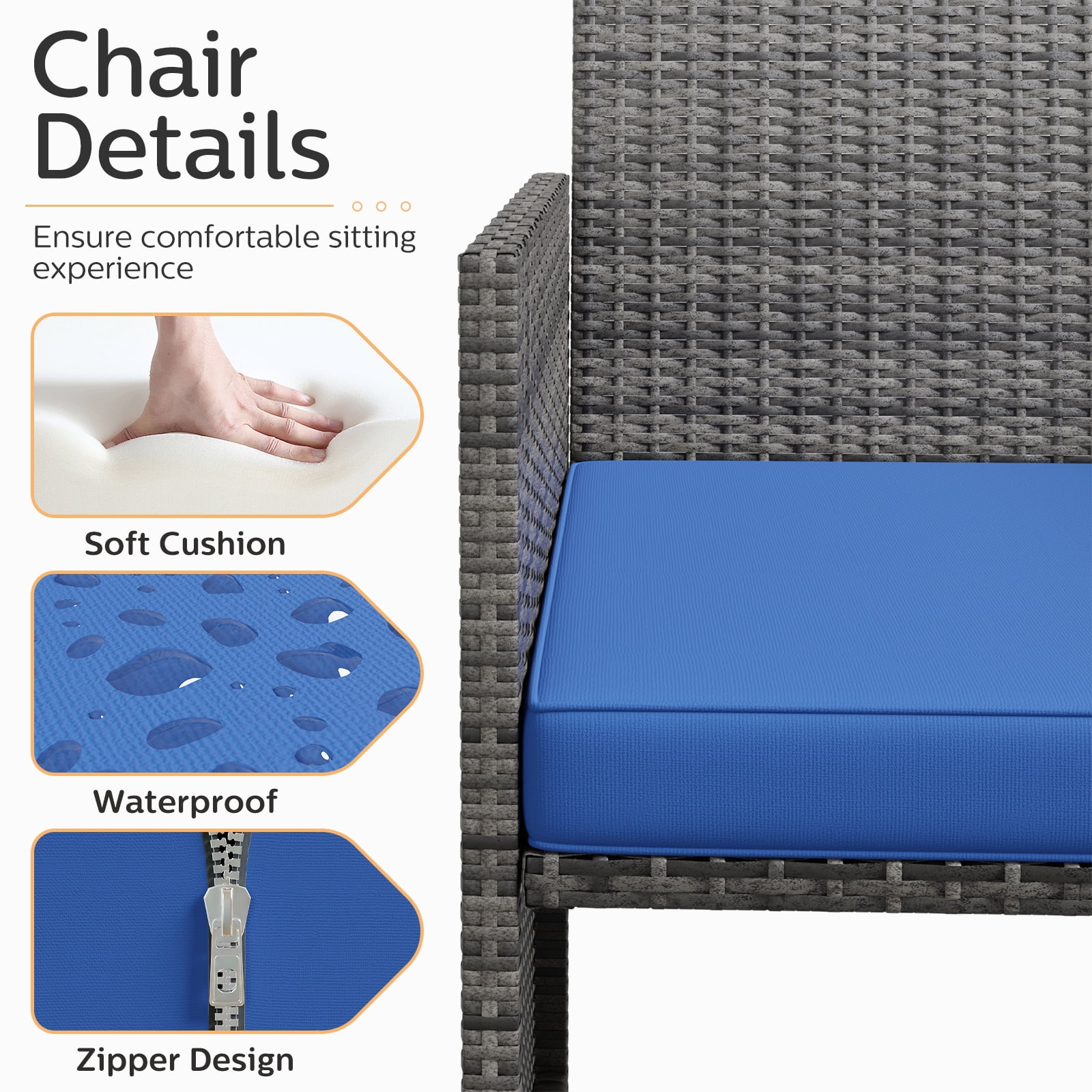 ELPOSUN 4-Piece Rattan Wicker Patio Furniture Set with Cushions and Tempered Glass Tabletop, Patio Conversation sets Navy Blue