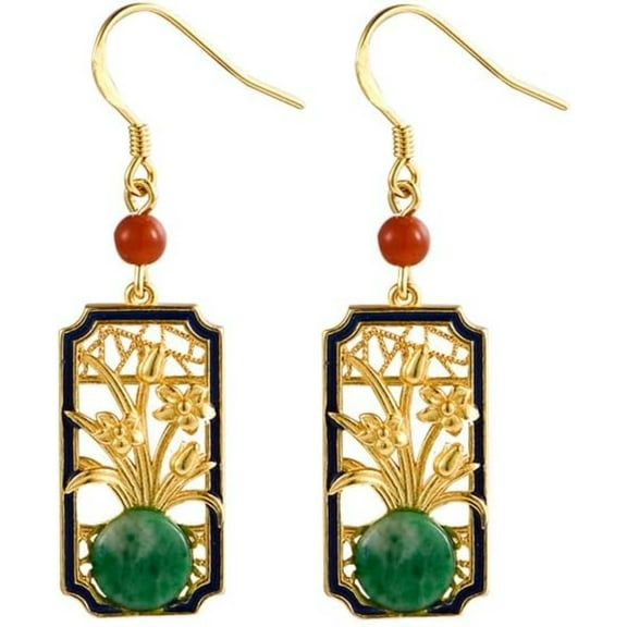 14K Gold over 925 Sliver Natural Jade Floral Stud Earrings, Vintage Ethnic Geometric Dangle Earrings, Elegant Jade Jewelry Gift for Mother's Beauty
