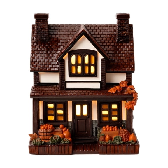 Vintage Halloween Lighted Miniature House (6"), Resin Fall Pumpkin Cottage Sculpture for Tiered Tray Shelf Sitter and Party Decor ,1pc