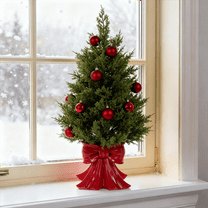 BOSALY 2FT Artificial Christmas Cedar Tree with Bow Base, Realistic Mini Christmas Tree with Christmas Balls, Indoor Christmas Decorations for Table Room Porch, Christmas Home Decors (Red)