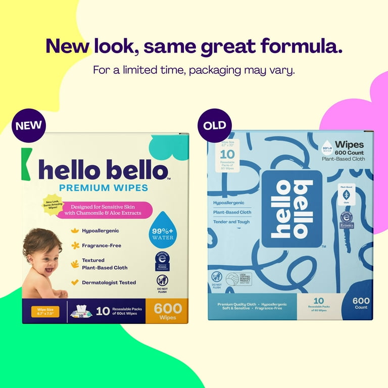 Hello Bello Baby Wipes, 600 Unscented Plant-Based Wipes, 10 Pouch Box (Choose Your Count)