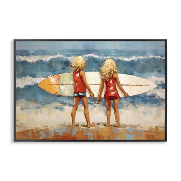 Stupell Industries Contemporary Siblings with Surfboard Black Framed Giclee Art, 18 x 12, by Petals Prints Design