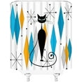 thumbnail image 3 of Mid Century Modern Shower Curtain Diamond Starbursts Black Cat Retro Blue Orange Abstract Geometric 1950s 1960s Vintage Bathroom Decor Fabric Curtain with Hooks, 3 of 6