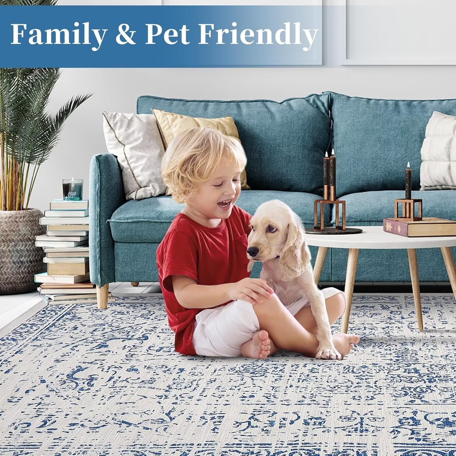 FairOnly 2'x6' Vintage Runner Rug Hallway Area Rugs for Kitchen Washable Non-Slip Blue Soft Rug for Bedroom